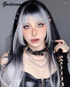 Fourniture de fête Silver Black Gradient Lolita Gothic Witch Anime Bangs Long Right Hair Wig Femmes Girls HARAJUKU MINE COSPlay