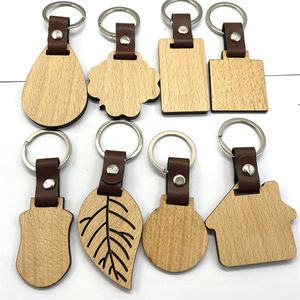 Feestbenodigdheden eenvoudige houten sleutelhanger geometrische huisauto -vorm lederen houten sleutelhangtas hanger ornamenten diy cadeau -accessoires voor mannen vrouwen