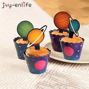 Suministros de fiesta Sistema solar Espacio exterior Cupcake Topper Wrapper Happy Birthday Spaceship Rocket Robot Take Decoración de pasteles