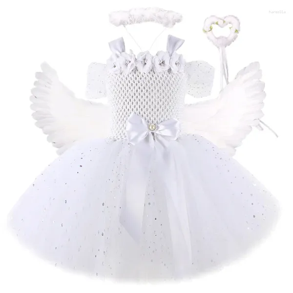 Fournitures de fête Sparkling White Angel Tutu Robe pour les filles Costumes d'Halloween de Noël Enfants Fleur Fée Robe de bal Tenues avec baguette d'aile