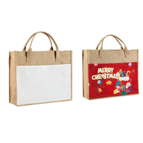 Fournitures de fête Sac à main de Noël vierge par sublimation Sac de courses réutilisable en lin et jute Sacs d'épicerie avec poignées pour cadeau de demoiselle d'honneur Voyage DIY Pochette artisanale