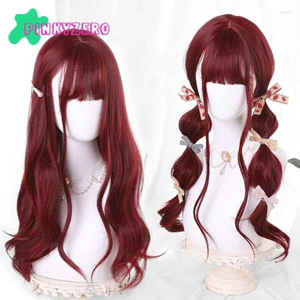 Suministros para fiestas dulce peluca larga ondulada rojo oscuro Harajuku flequillo lindo Kawaii Halloween princesa Cosplay Accesorios