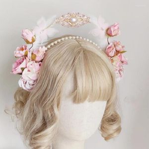 Fournitures de fête, couvre-chef à fleur de Rose douce, bandeau Lolita Vintage KC couronne ange vierge marie, diadème Baroque, décor Anime