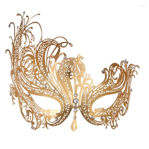 Masque vénitien en métal plaqué or phénix avec accessoires de mascarade en strass, fournitures de fête
