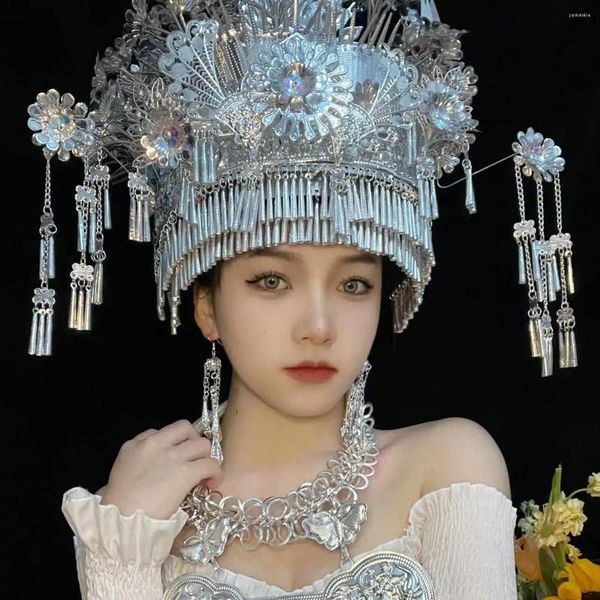 Party Supplies Vintage Chinese Silver Miao Hmong Headwear Hat For Women Studio Pographie Chapeaux Halloween Carnival Tradition