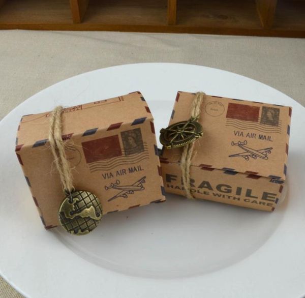 Articles de fête Vintage Cookies Coffrets Cadeaux Air Mail Avion Motif Kraft Papier Boîte De Bonbons Mini Chocolat Organisateur Wrap Avec Bandage De Corde De Chanvre SN2477