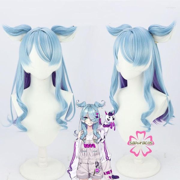 Suministros de fiesta Vtuber Elira Pendora Cosplay Wig Ears Purple Blue 65cm Cabello de cabello rizado largo Juego de papel resistente al calor Capilla libre de Halloween