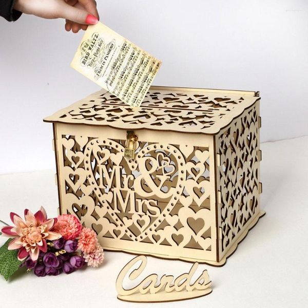 Suministros para fiestas, cajas para tarjetas de boda, caja de madera DIY, pareja, ciervo, pájaro, patrón de flores, cuadrícula, negocios