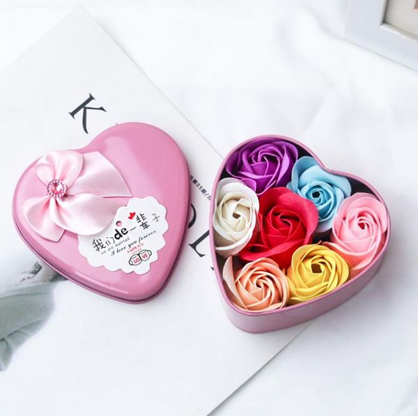 Fournitures de fête Bouquet de roses de mariage, boîte-cadeau, fleur de savon de couleur, 6 Roses en forme de cœur, emballages en étain, cadeaux d'événements d'entreprise SN2224
