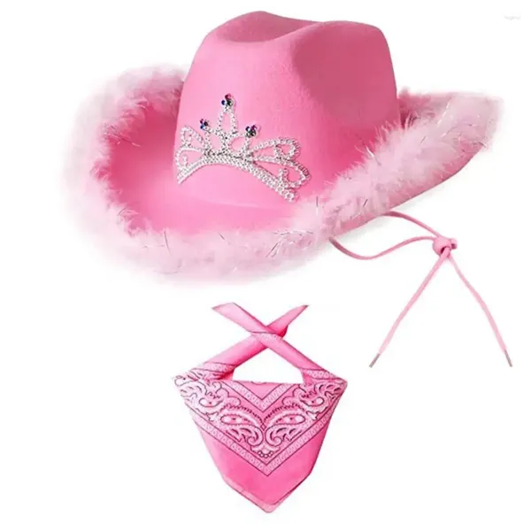 Chapeau de cowboy occidental rose et écharpe carrée pour hommes et femmes, fournitures de fête, Costume de Cosplay, chapeau en feutre à large bord