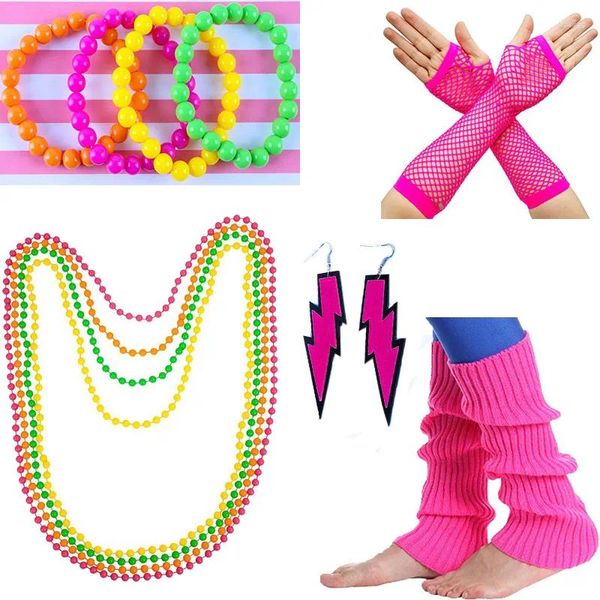 Suministros de fiesta para mujer, disfraz de los años 80, conjunto de accesorios, pulsera de neón y pendientes de cuentas, Kit de guantes de red