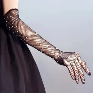 Feestbenodigdheden vrouwen sexy fishnet strass lange handschoenen lange handschoenen rekbare flits diamant vol vinger ultradunne gaas exotisch kostuumwanten