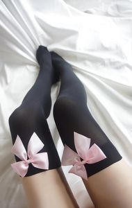Suministros de fiesta para mujer, medias hechas a mano con lazo rosa de terciopelo, medias hasta el muslo transparentes y sexis por encima de la rodilla, accesorios de Anime, calcetines de Lolita