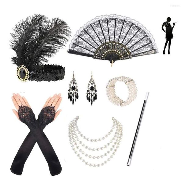 Artículos de fiesta Mujeres Vintage Gatsby Diadema de plumas Flapper Accesorios de disfraces de los años 20 Conjunto Porta cigarrillos Collar de perlas Pendientes Guantes