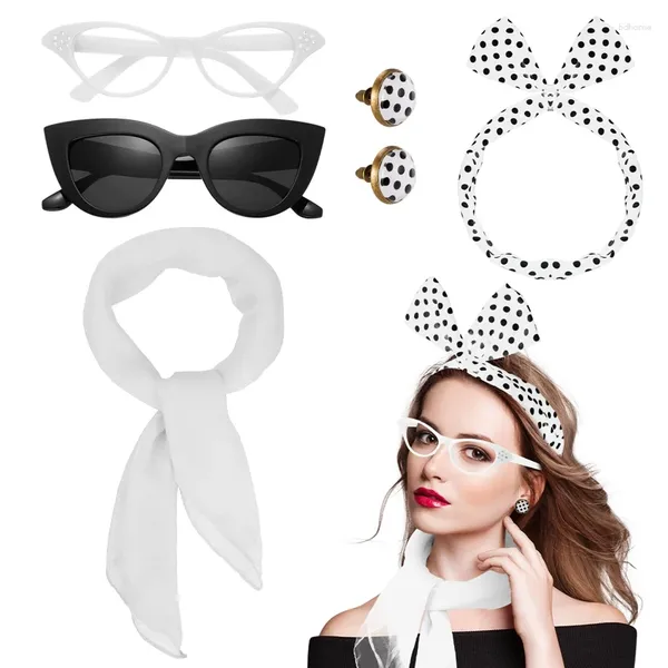 Suministros de fiesta para mujeres Accesorios de disfraces de 1950 Grease Bufand Scarf Tieglasses de pendientes Conjunto Vintage 80S Rave Decorations