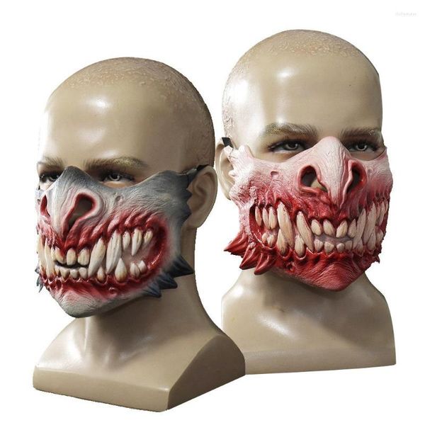 Artículos de fiesta Máscara de zombi con colmillos de dientes afilados Monstruo aterrador Máscaras de látex hechas a media cara Disfraz de Halloween Demonio sediento de sangre COS Prop