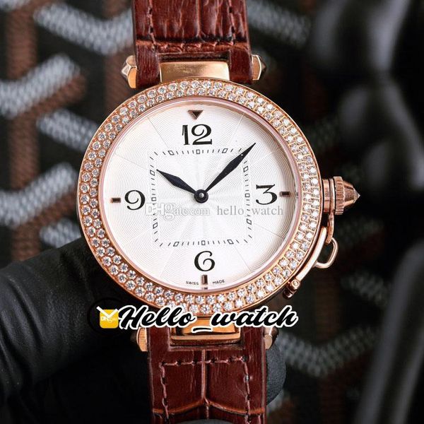 Pash De Fashion Ladies Watches WGPA0014 WJPA0012 Reloj de cuarzo suizo para mujer Dial de textura blanca Caja de oro rosa Bisel de diamantes Correa de cuero marrón HelloWatch G11B