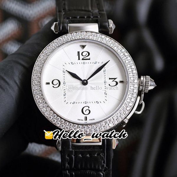 Pash de moda Ladies Relojes WSPA0012 W2PA0008 Swiss Quartz Watch Watch White Texture Dial Case de acero Bisel Diamante Correa de cuero negro Hellowatch G11A