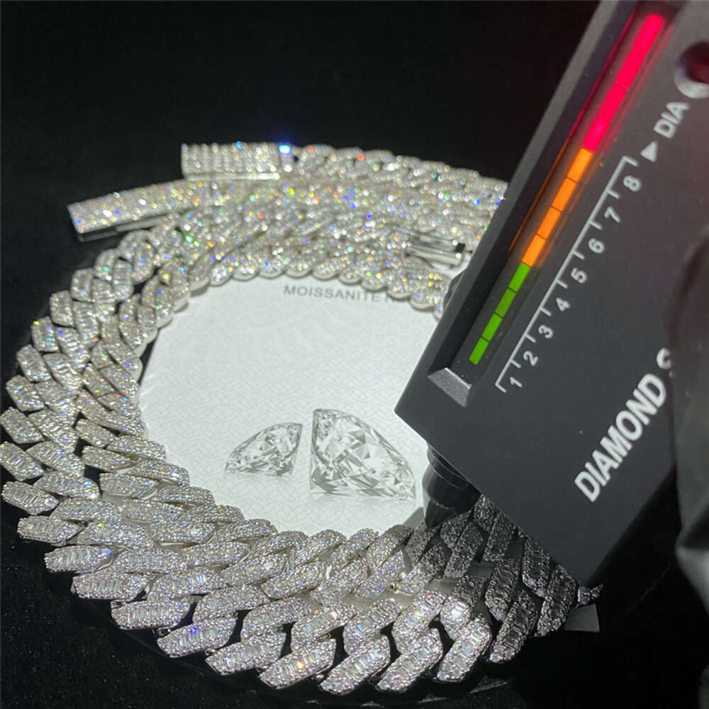 pass diamond moissanite cuban chain necklace tester custom hip hop jewelry 13mm 15mm sier inlaid square diamond