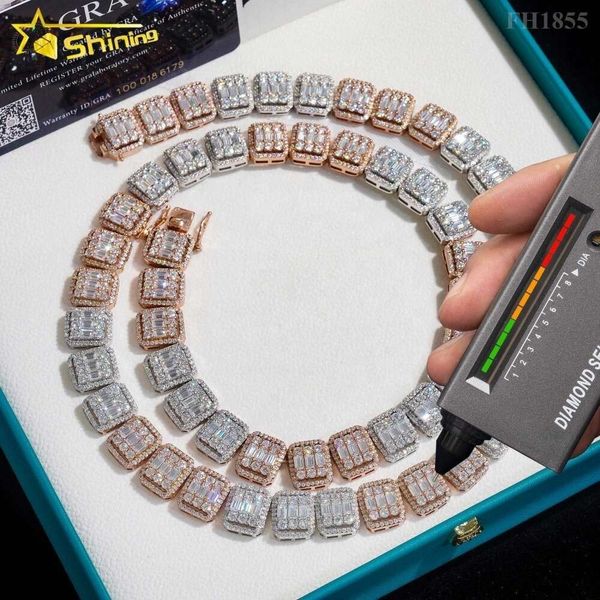 Pase Diamond Tester 2 tonos Hip Hop Joya Collar Sier 13 mm Baguette Grútor Moissanite Cadena de tenis Out Tennis