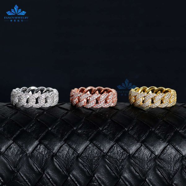 Pass Diamond Tester 925 Sterling Silver Moissanite Hip Hop Anneau Iced Out Round Brilliant Cut Cuban Link Band