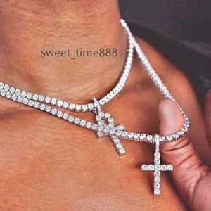 Pass Diamond Tester 925 Sterling Silver VVS Moissanite Diamond Ankh Cross Pendentif 4mm Tennis Chain Necklace Jewelry Set
