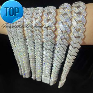 Passeer diamant tester GRA Moissanite Diamond 8mm-20 mm brede 2Rows 925 Solid Silver Cuban Link Chain voor rapper Hip Hop Necklace
