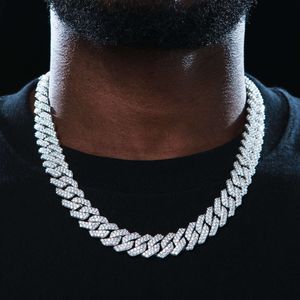 Passeer diamant tester GRA Moissanite Diamond 10 mm-20 mm brede 2Rows 925 Solid Silver Cuban Link Chain voor rapper Hip Hop Necklace