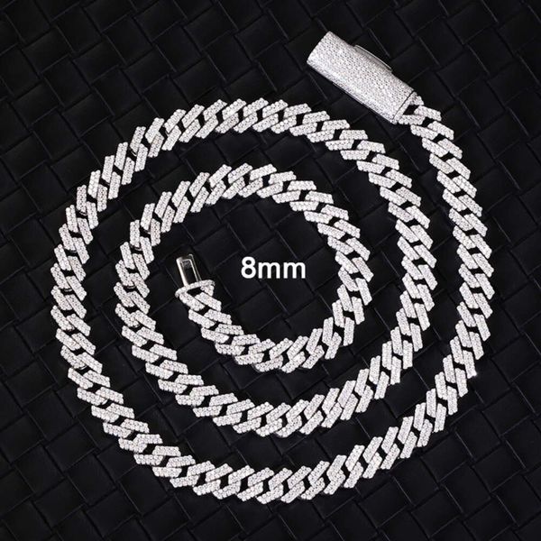 Pass Diamond Tester Gra Moisanite Diamond 8 mm de large 2rows S Solid Sier Cuban Link Chain pour le rappeur Hiphop Collier