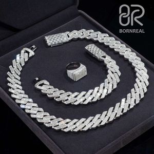 Passeer diamant tester Ice out Baguette Moissanite Hip Hop Sier sieraden Set Cubaanse link kettingarmbanden ketting en ring voor man
