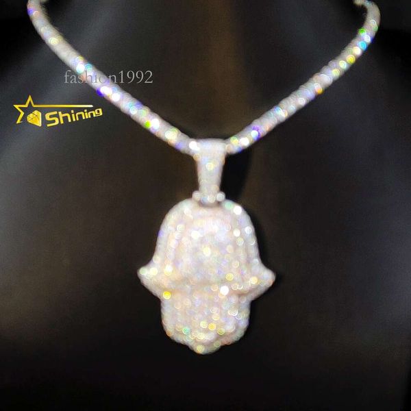 Testeur de diamants glacés, pendentif à main plaqué or Rose et blanc de 3 pouces, pendentifs en argent Sterling Vvs Moissanite Hamsa