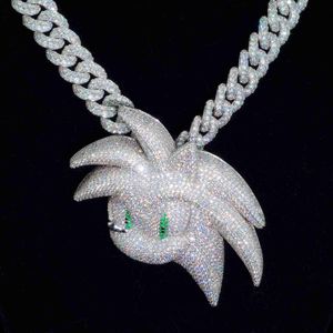 Pass Diamond Tester Moissanite Hip Hop conjunto de joyas de plata de dibujos animados 3d Sonic colgante collar de cadena de eslabones cubanos para hombre