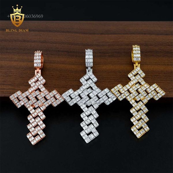 Testeur de diamants Moissanite, bijoux 3 rangées, Baguette Hip Hop pour hommes, ton argent Sterling, grand pendentif croix creuse