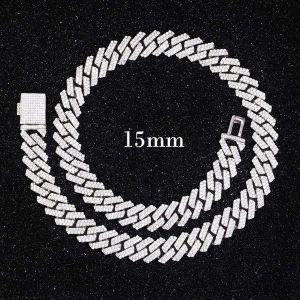 Pass Diamond Testing 15 mm de large 2Rows Chaînes de liaison cubaine 925 Silver Hiphop VVS Moisanite Chain Men Bijoux