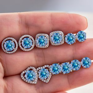 Pass Test Blue Moissanite Stud Oread Brocs for Women / Men S925 Sterling Silver 1CT VVS Round Blue Moisanite Diamond Moucles d'oreilles