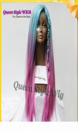 Pastel Blue Ombre Purple Rose Red Color Pruiken Lang rechte Glueless Lace Front Wig Synthetische zeemeermin Unicorn Rainbow Color Cosplay9967379