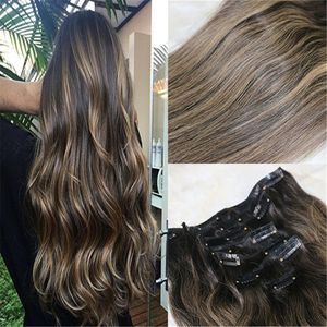 Pastelkleur Clips in Hair Extensions Menselijk Haar Ombre Balayage Color # 2 Fading to # 27 HONING BLONDE ECHT HAAR WEFT 7PCS 120G