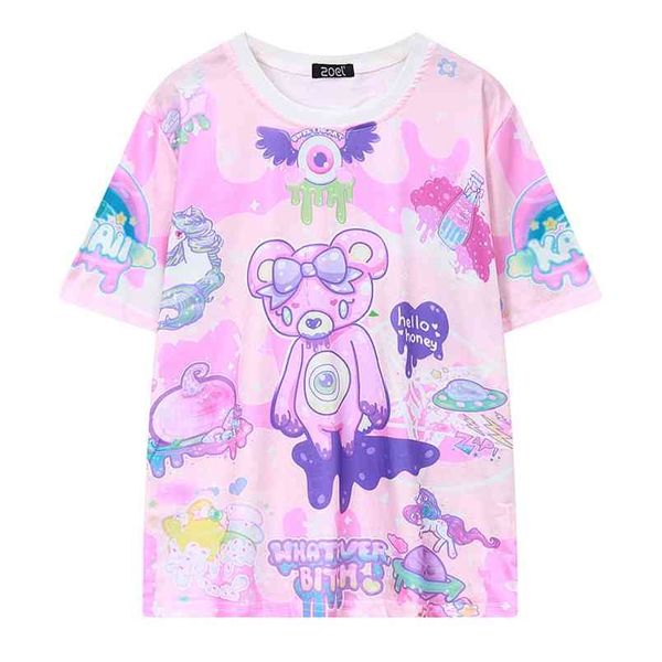 Pastel goth mignon rose t-shirt ours monstres Quel que soit la chienne graffitis drôle t-shirt décontracté femmes fantaisie nouveauty manches courtes tee 210406