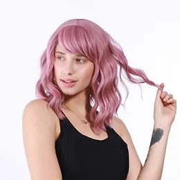 Pastel WAVY WIG MET AIR BANGS Korte Bob Pink pruik Curly Wavy Shoulder Lengte Pastel Synthetische cosplay pruik voor meisje kleurrijke pruikenfactory dringen