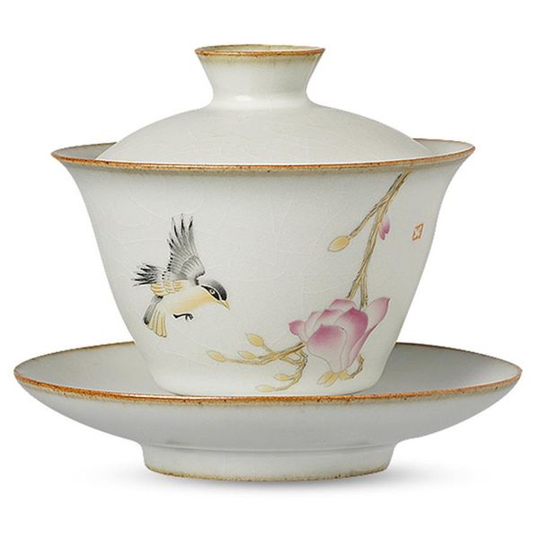 Pastoral de cerámica Gaiwan Bird Sopera Kung Fu Juego de té Pintura hecha a mano Tazón grande Vasos Teaware Tea Bowl246y