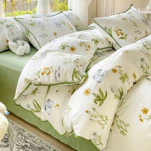 Ensembles de literie de fleurs de filles pastorales Linge de lit de coton lavé Ensemble de draps de couvre-couches doux