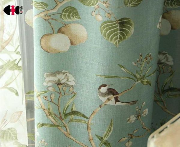Cortina con estampado de hojas pastorales para sala de estar, dibujos animados de pájaros, niños, niños, cortinas de ventana de lino de algodón personalizadas WP145D 2107125626101