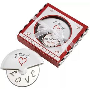 Outils de pâtisserie Une tranche d'amour Coupe-pizza en acier inoxydable dans une boîte à pizza miniature Cadeaux de douche de bébé Faveurs de mariage P