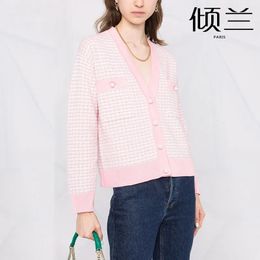 PATAD – manteau court de la famille française S, robe pour femmes et filles, Cardigan tricoté à carreaux roses et perles, 0509 240103