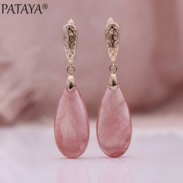 PATAYA 585 couleur or Rose goutte pierre naturelle longues boucles d'oreilles femmes creux Fine fête de mariage bijoux de mode 240401