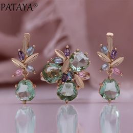 PATAYA joyería de moda para mujer 585 anillos de Color oro rosa conjunto de pendientes piedra verde claro rombo circonita cúbica conjuntos de boda 240115