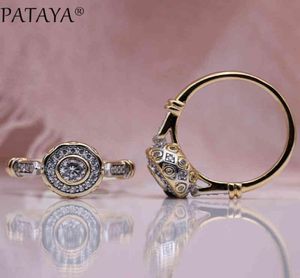 PATAYA Nieuwe 585 Rose Goud Mooie Gesneden Natuurlijke Zirkoon Ringen Vrouwen Mode-sieraden Bruiloft Fijne Ambachtelijke Holle Ronde Witte Ring2892879