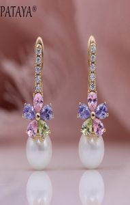 Pataya New White Shell Pearls Boucles d'oreilles en peluche 585 Rose Gol Multicolor Drop Natural Zircon Femmes Bijoux de mode de mariage7541199