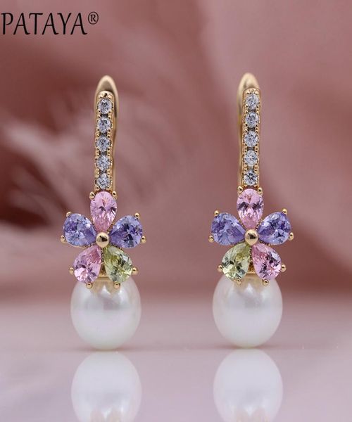 Pataya New White Shell Pearls Boucles d'oreilles enracine 585 Gold Rose Multicolor Drop Natural Zircon Femmes Bijoux de mode de mariage8131733