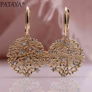 Pataya Safe Tree Long Oorbellen 585 Rose Gold Hollow Unieke Mode-sieraden Kerstcadeau Natuurlijke Zirkoon Luxe Drop Earring 210706